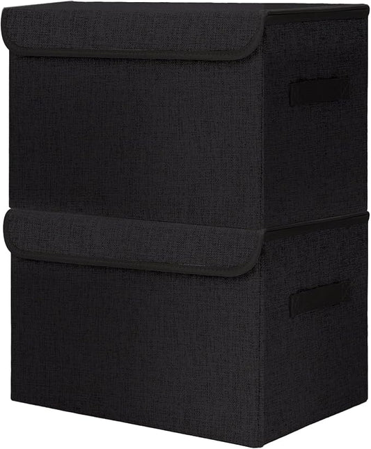 Bagnizer Large 42 Quarts Fabric Storage Bins with Lids [2-Pack] Linen Collapsible Foldable Storage Cubes, Closet Organizer Containers boxes with Handles for Home Office (16.7 x 12 x 12, Black)