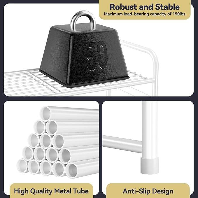 5 Tier Shoe Rack Closet Metal Heavy Duty, Stackable, White