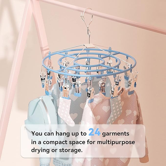 Funamily Clothes Drying Rack,Stainless Steel Laundry Drip Hanger with 24 Clips, Heavy Duty Round Swivel Windproof Hook Underwear Hanger for Drying Towel, Bras, Sock,Lingerie, Baby Clothes (Blue)