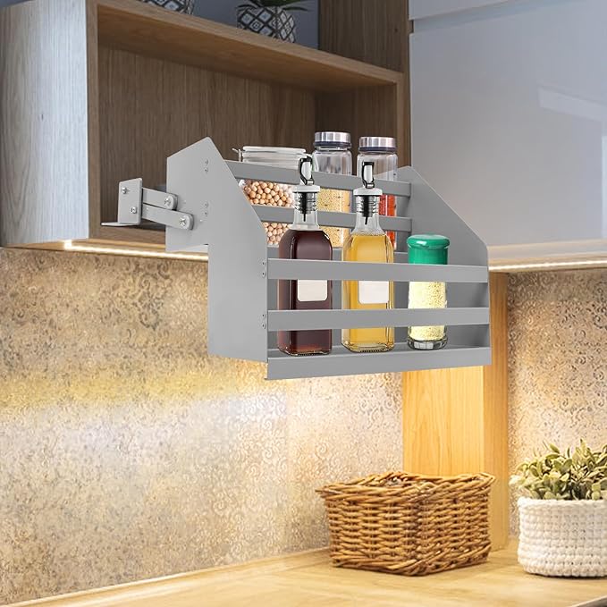 2-Tier Cabinet Pull Down Organizer, Buffer Lifting Design Large Capacity Kitchen Storage Shelf, Multi-Tier Pull Out Spice Rack, Suitable for Kitchens, Living Rooms, Bedrooms, Restaurants