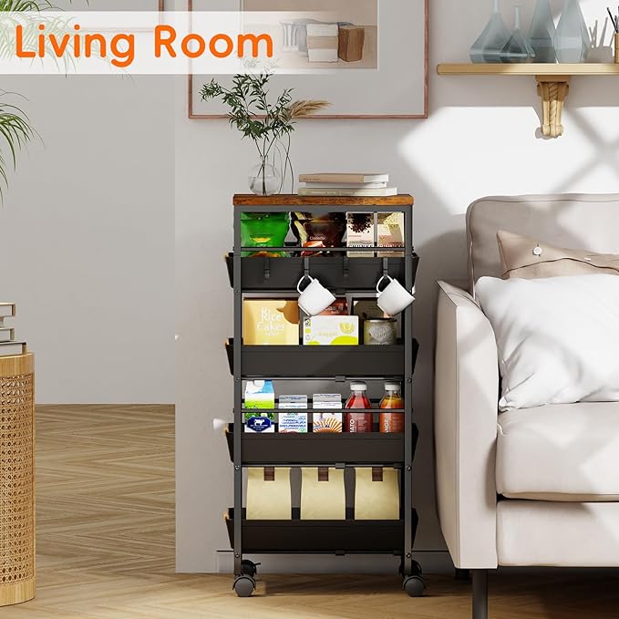 5-Tier Kitchen Storage Cart, Wood Top Rolling Cart Organizer with Pull-Out Baskets & Wheels, Metal Snack Cart with Holder for Fruit, Vegetable, Microwave, Kitchen, Pantry, Black