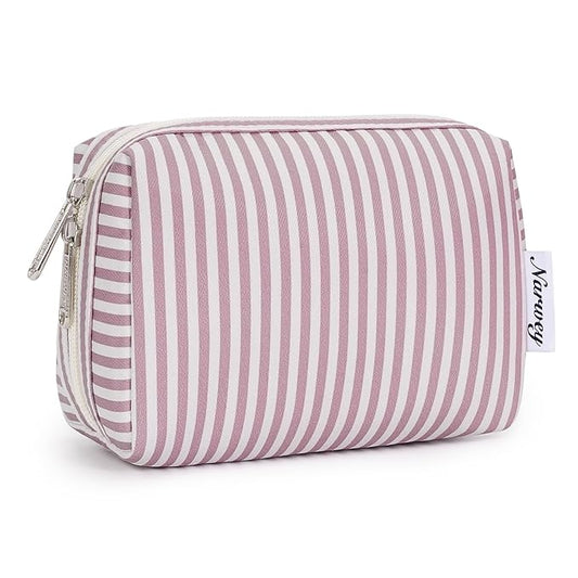 Narwey Small Striped Makeup Bag for Purse Mini Cosmetic Bag Travel Makeup Pouch Zipper Pouch Cute Make up Bags with Compartments for Women Girls (Dusty Rose Stripe, Small)