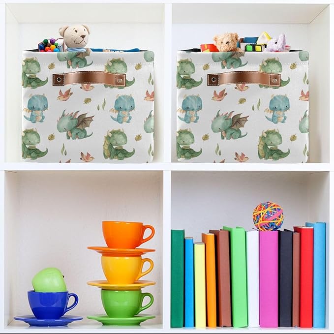xigua Cute Dragon Storage Basket Collapsible Storage Bins Waterproof Canvas Storage Basket with Leather Handles for Home Closets Offices,Bedrooms,Gift Baskets,1PCS