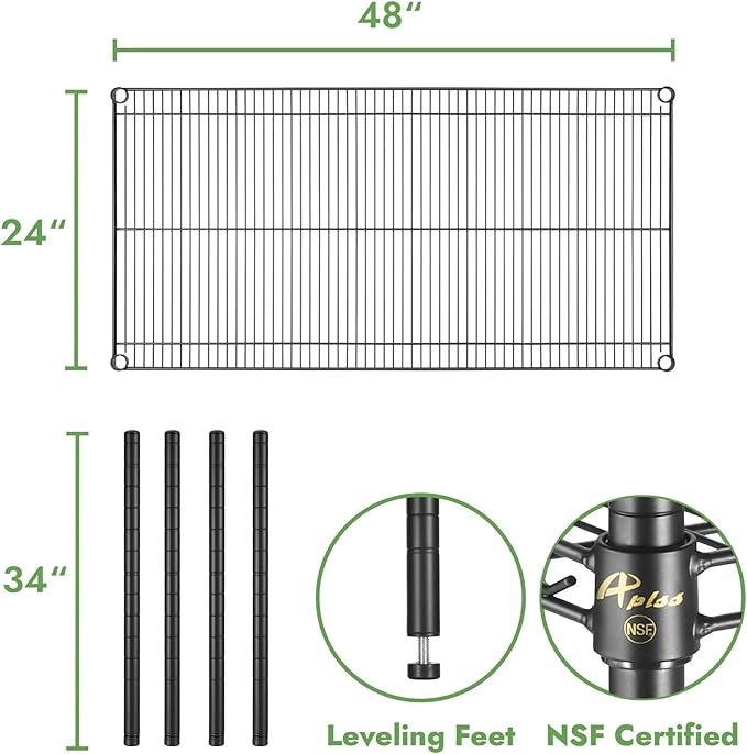 APLSS 24" D x 48" W x 34" H Black Heavy Duty Wire Shelving with 3 Tier Shelves, NSF Certified, Height Adjustable, Wet&Dry Environments, for Kitchen Garage Walk-in Cooler&Freezer, 800lbs Capacity