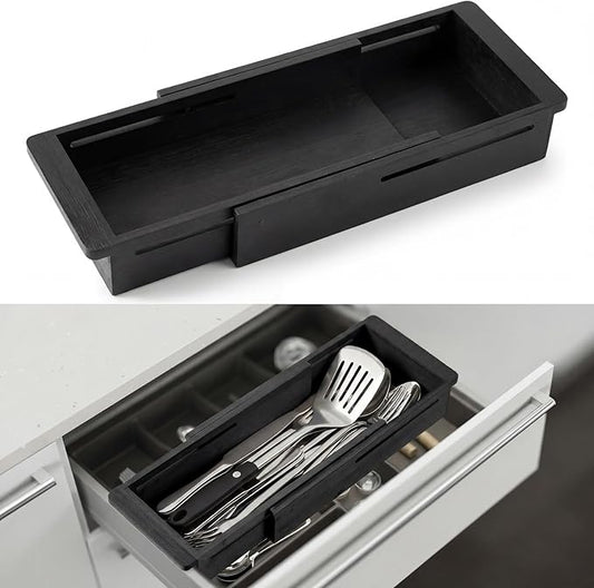 LemonRoad 1 Pcs Sliding Drawer Organizer Bin Bamboo Drawer Expandable Bins Utensil Organizer for Kitchen Spoons Forks Knives (Black)