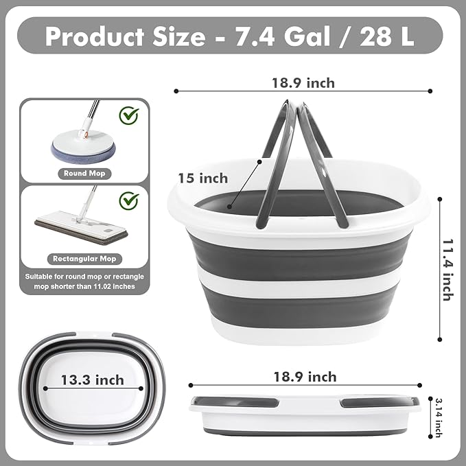 Collapsible Mop Bucket with Handles 7.4 Gallon Foldable Tub for Cleaning Large Silicone Pop Up Buckets Portable Collapse Camping Car Wash Basket for Space-Saving Storage