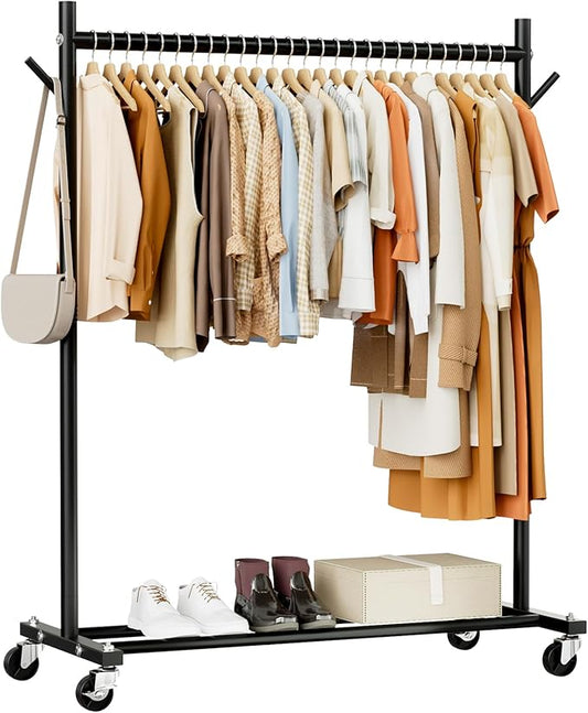 Clothes Rack, Clothing Rack for Hanging Clothes Load 280LBS, Rolling Garment Rack, Portable Coat Rack Freestanding Clothes Rack with Wheels Wardrobe Rack Easy Assembly for Bedroom Living Room, Black