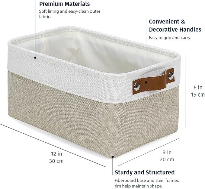 OrganiHaus Small Fabric Storage Baskets 6 Pack, 12x8in Cloth Storage Bins for Shelves, Small Baskets for Organizing Pantry Closet, Canvas Shelf Baskets, Beige/Off-White
