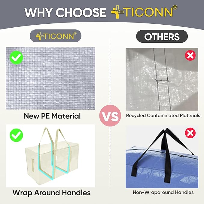 TICONN 2 Pack Extra Large Moving Bags Heavy Duty with Zippers & Carrying Handles, Durable Storage Bags Moving Boxes for Closet Organizers and Storage (2 Pack, Cream)