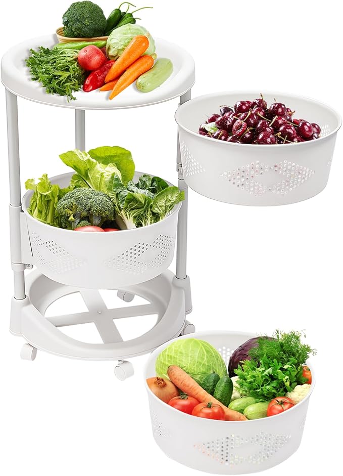 3 Tier Rotating Kitchen Storage Basket Rack Storage Shelf Cart Fruit Vegetable Organizer with Casters Rolling Multi-Layer Round Bin Storage Space Saver for Home Household Grocery