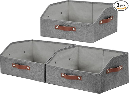 Bagnizer Closet Organizers and Storage, Linen Trapezoid Storage Bins with Handles, Collapsible Shelf Organizer for Blanket, Towel, Clothes, Hats, Purse (Gray)