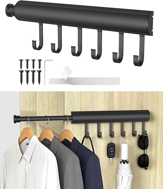 12 Inch Valet Rod for Closet Pull Out, Expandable with 6 Hooks, Closet Rod for Laundry, Bedroom & Tomorrow’s Outfit (Black, 1 Pack)