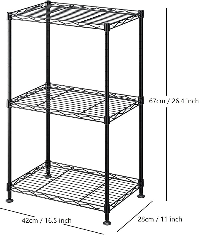 FOXHOLE 3-Tier Wire Shelving Rack, Heavy Duty Metal Storage Shelf Unit with Adjustable Shelves, Black, 16.5 x 11 x 26.4 Inches
