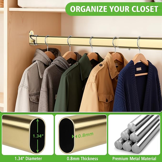 Oval Closet Rod for Hanging Clothes 30 to 54.5 Inch, Includes End Supports, Adjustable Wardrobe Tube, Heavy Duty Extendable Closet Pole, Carbon Steel, Gold