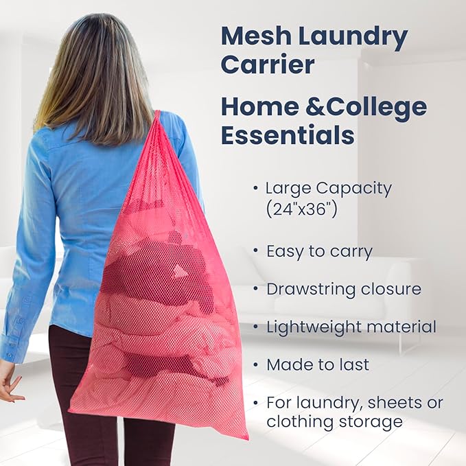 Premium Heavy-Duty Mesh Laundry Bag - Clothes Hamper w/Drawstring - Home & College Essentials Pink (36"x24")