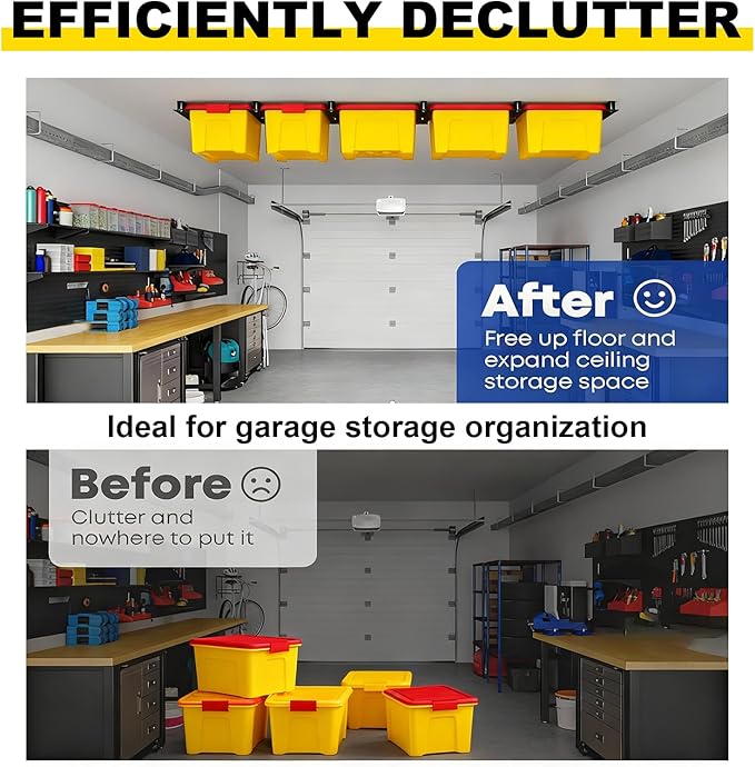 Yuleimy Overhead Garage Storage Rack 4-Pack - Heavy Duty Garage Ceiling Storage Racks for Tote Containers - 17" Adjustable Tote Rack 27 Gallon Storage System, Hanging Bin Ceiling Mount Rails