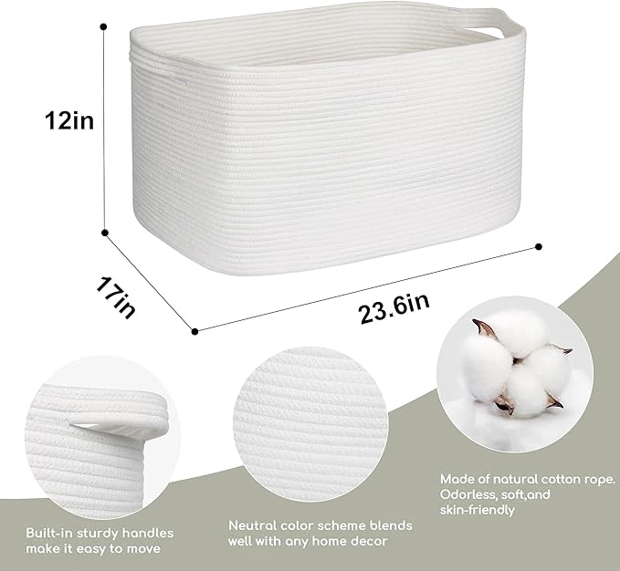 MEGASKET Extra Large White Storage Basket, 23.6" x 17" x 12" Rectangle Blanket Storage for Living Room, White Woven Cotton Rope Basket, Big Kids Toy Box Bin, XXXL Wicker Laundry Baskets for Organizing