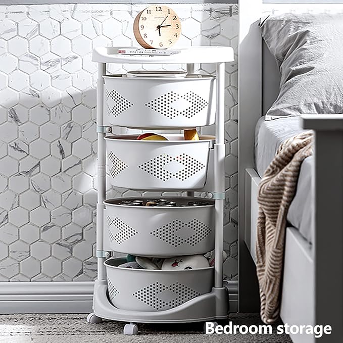 4 Tier Rotating Kitchen Storage Basket Rack Storage Shelf Cart Fruit Vegetable Organizer with Casters Rolling Multi-Layer Round Bin Storage Space Saver for Home Household Grocery