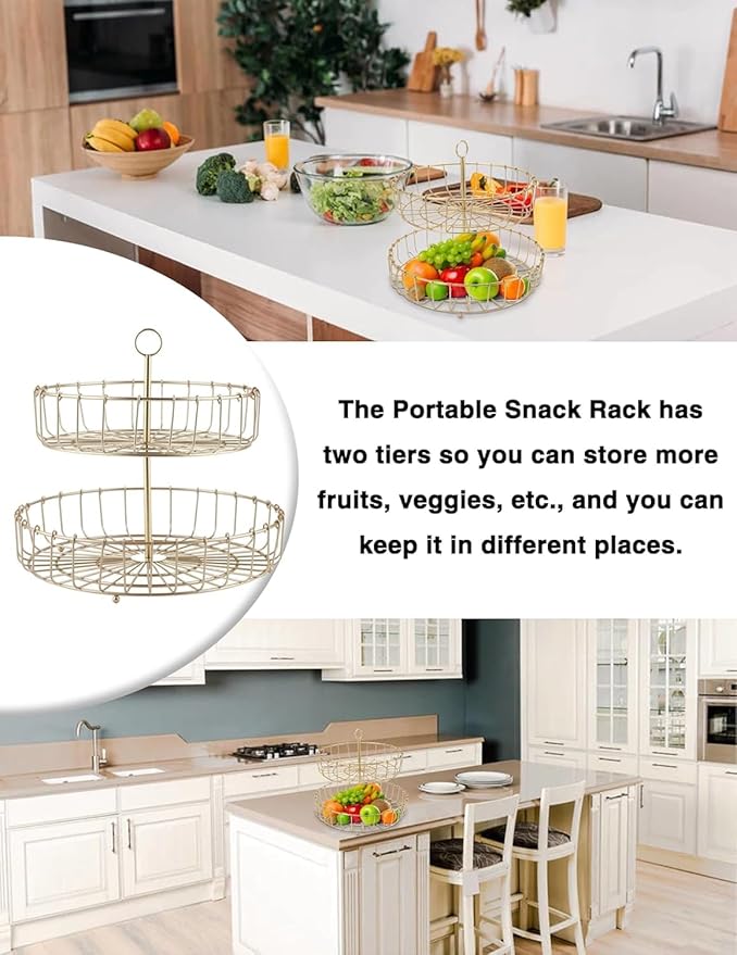 Fruit Bowl,11.93in Iron Round Golden 2 Tier Fruit Basket Nordic Household Snack Storage Tray for Kitchen Parties for Fruits Vegetables
