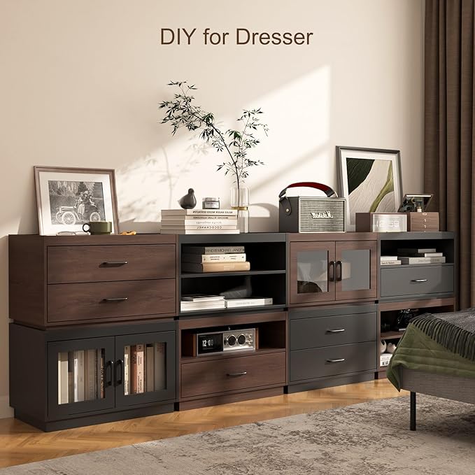 Stackable Storage Drawers,28" Wide Storage Bins w/Drawers and Compartment, Wood Stackable Organizer Modern Large Stackable Storages Units for Living Room Hallway (Black)