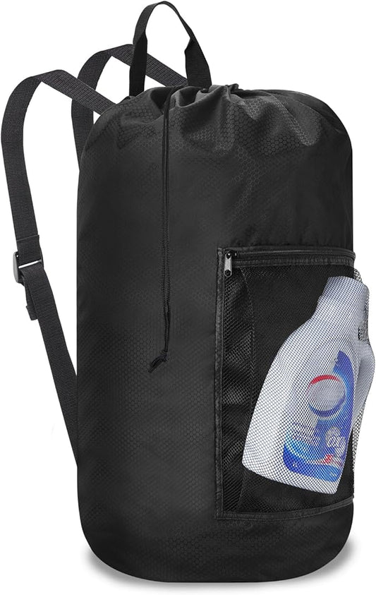 Laundry Bag Backpack Durable Laundry Bag with Shoulder Straps and Mesh Pockets Portable Laundry Dirty Clothes Hamper Bag for College Dorm (Black)