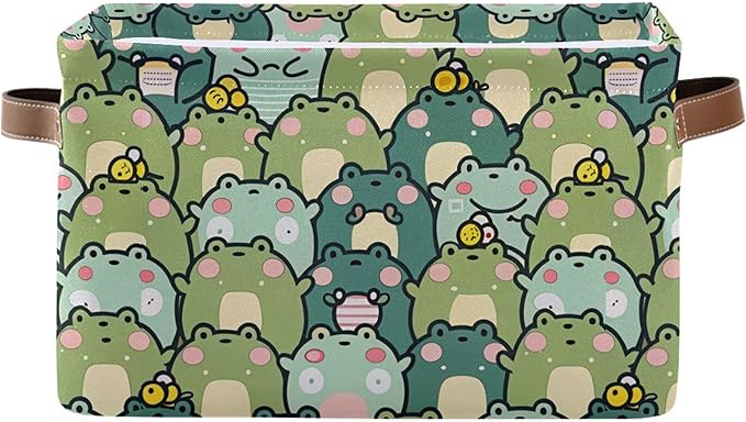 xigua Kawaii Frogs Storage Basket Collapsible Storage Bins Waterproof Canvas Storage Basket with Leather Handles for Home Closets Offices,Bedrooms,Gift Baskets,1PCS