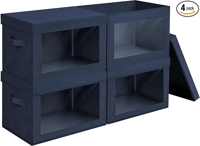 Homsorout Organizing Bins with Lid - 4 Pack Foldable Clear Window Storage Bins, Large Storage Boxes with Handles, Storage Containers for Clothes, Towel, Blanket, Sheet, Navy Blue