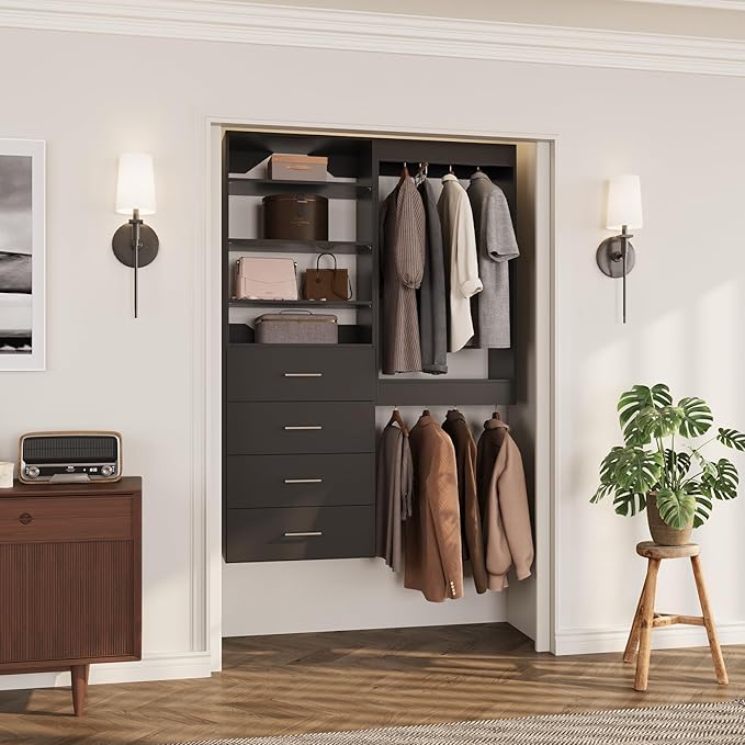 ROOMTEC Modular Closet System, 55" Wall-Mounted Closet Organizer with Drawers and Hanging Rods, Wooden Tower for Walk-In Closets, Wardrobe Storage Kit, Black