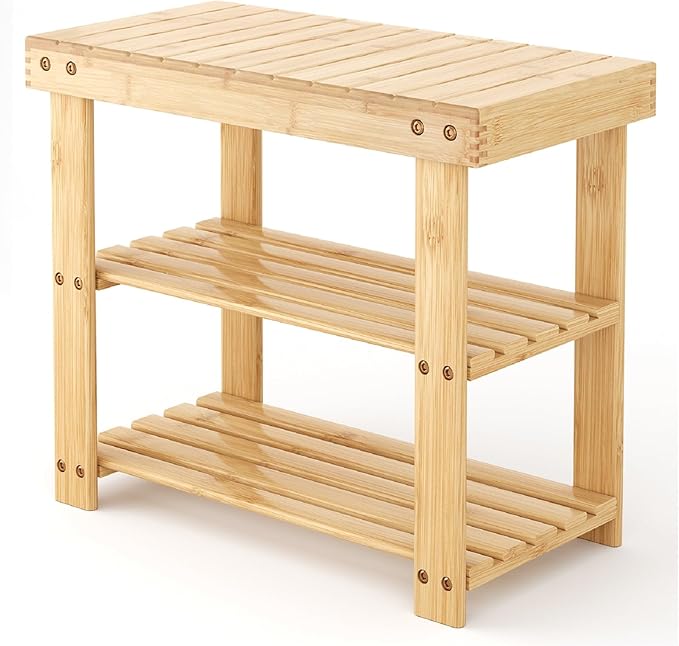 Sweetcrispy Shoe Rack Bench, 3-Tier Bamboo Entryway Storage Organizer, 286lb Capacity, Shoes Stand for FrontDoor Entrance, Bedroom, Living Room, Bathroom, Balcony, 19 Inches Length, Wood
