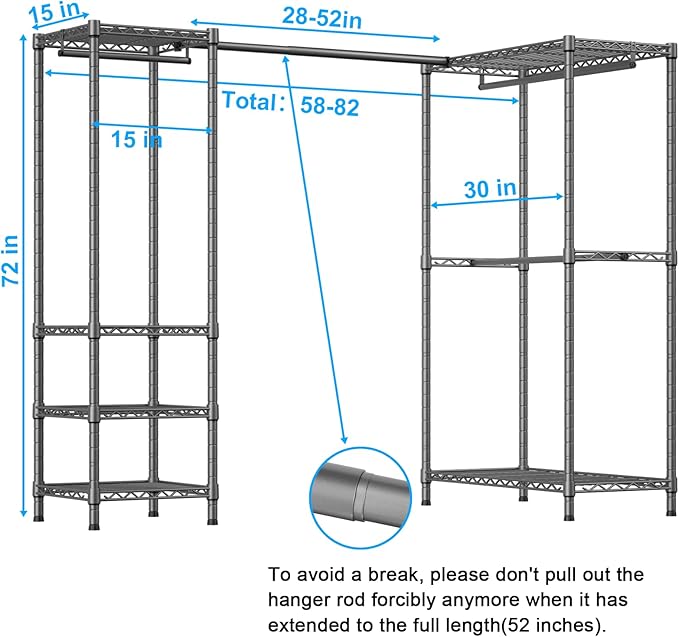 ULIFHOME E10L L-Shaped Clothes Rack for Corner（With Expandable Hanger Rod）Heavy Duty Freestanding Clothing Racks for Hanging Clothes，Portable Garment Rack 58-82"W x 30"D x 72"H，Max Load 900LBS，Grey