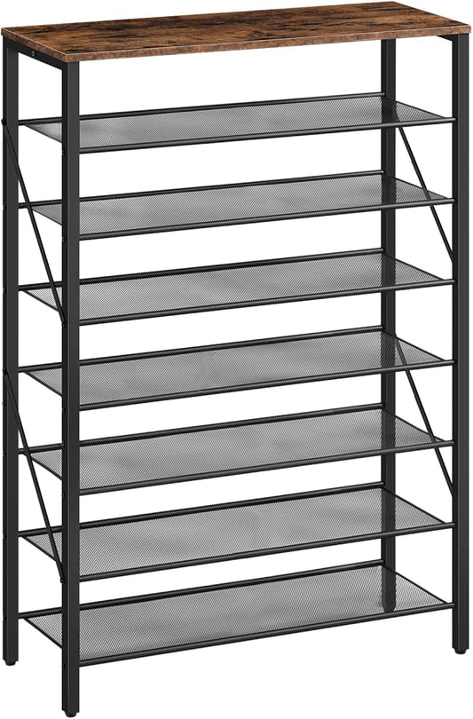 MAHANCRIS 8 Tier Shoe Rack Organizer for Closet, Holds 28-32 Pairs, Tall Metal Shoe Storage Shelf for Entryway Bedroom, Sturdy Freestanding Shoe Rack Space Saving, Large Capacity, Rustic Brown
