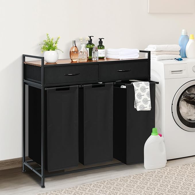 Laundry Sorter 3 Section, 180L Laundry Hamper Basket with Shelf and 2 Drawers, 3 Compartment Clothes Storage Organizer Cart, Pull-Out Removable Oxford Fabric Bags, Black