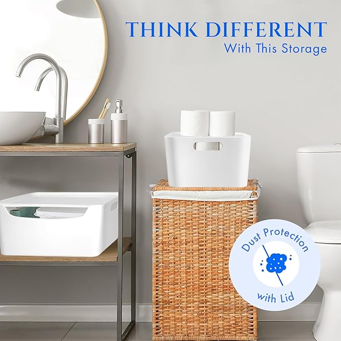 White Small Storage Bins with Lids 2 Pack for Organization for Pantry Bathroom Shelves Closet Cabinets, Stackable Plastic Storage Basket with Lid, Lidded Organizing Bin Containers for Shelf and Crafts