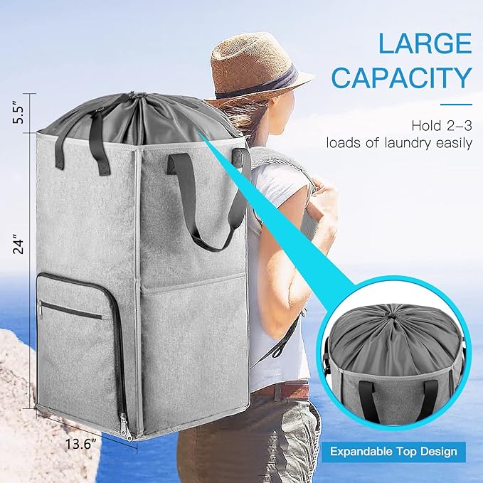 Laundry Backpack Bag, Bukere Extra Large 2 in 1 Laundry Hamper Basket for College Students Dorm Essentials, Adjustable Shoulder Straps, Freestanding Laundry Bag