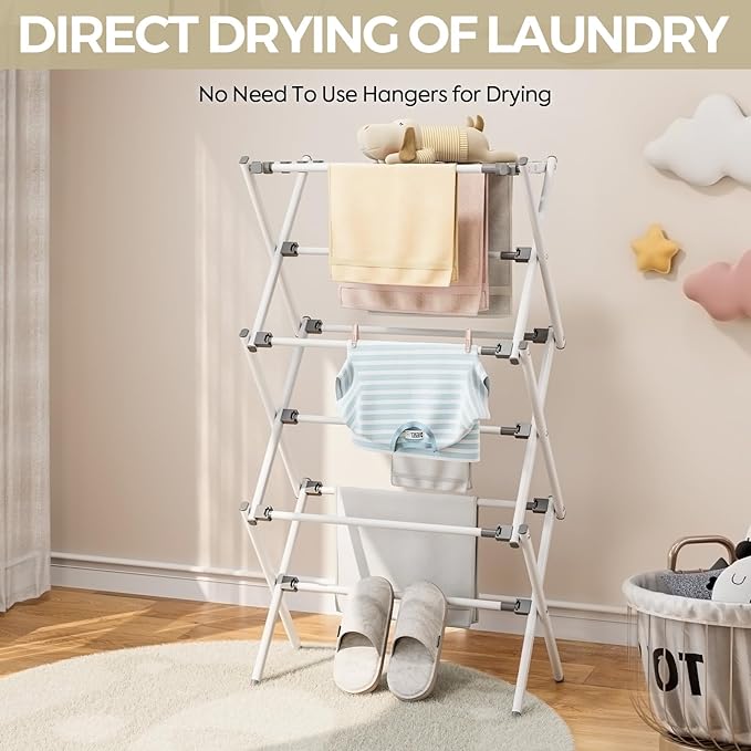 APEXCHASER Clothes Drying Rack, Foldable & Extendable Laundry Rack with Adjustable Size (14.57in-35.43inW), Space-Saving, Rust-Resistant Frame & Floor Protection for Indoor/Outdoor Use, White