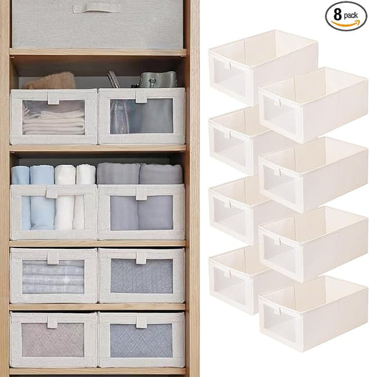 Linen Closet Organizers And Storage, 8 Pack Closet Storage Bins Linen Closet Baskets for Closet Organization Foldable Closet Organizer Bins with Clear Window For Organizing Clothing, Jeans, Shelves