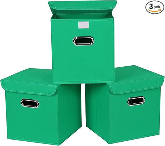 Closet Organizers Fabric Storage Bins With Lids Collapsible Cube Storages Organizer Basket With Handles,Storage Boxes for Clothes Storage,Office,Toys,3 Pack,（Green