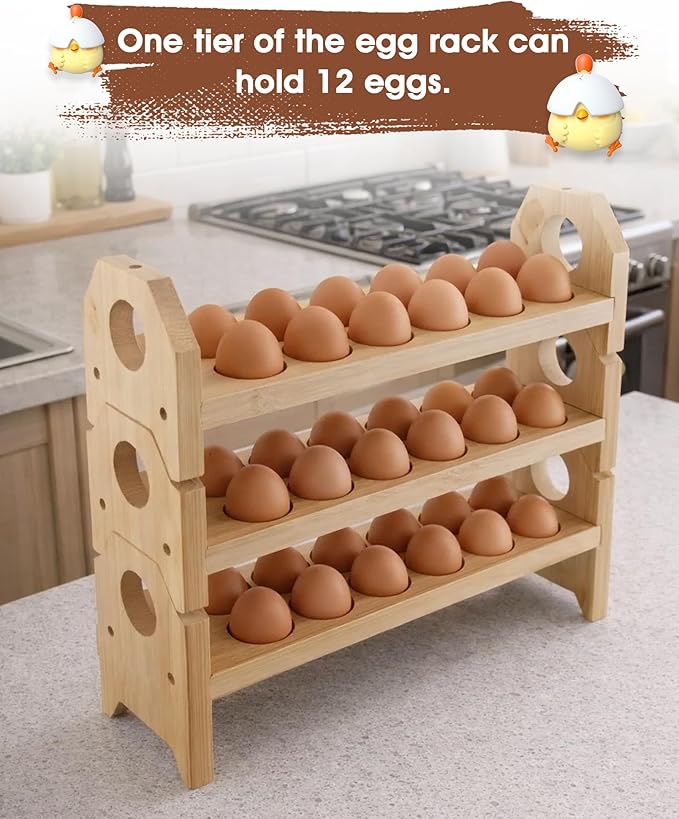 Bamboo Egg Holder Countertop with Silicone Egg Cleaner, 2-Tier Egg Holder for 24 Eggs, Stackable Design for Fresh Eggs, Farmhouse Egg Tray Storage Display Rack，Fits Quail, Duck, Chicken Eggs