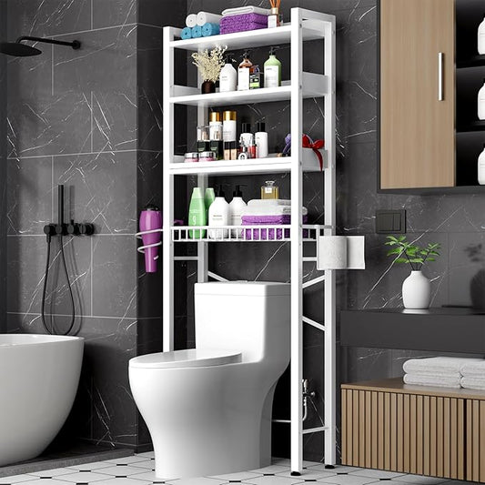 Over The Toilet Storage Cabinet,4 Tier Bathroom Organizer and Storage With Adjustable Shelf Waterproof Feet Pad and Basket Multifunctional Space Saver Freestanding Bathroom Shelves With Dividers White