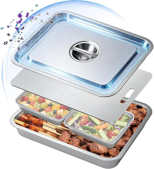 7-in-1 Stainless Steel Grill Prep Trays & Carry System, Large Lidded Marinating Containers with Cutting Board & 2 Food Storage Containers with Lids, Stackable BBQ Grill Accessories for Outdoor Cooking