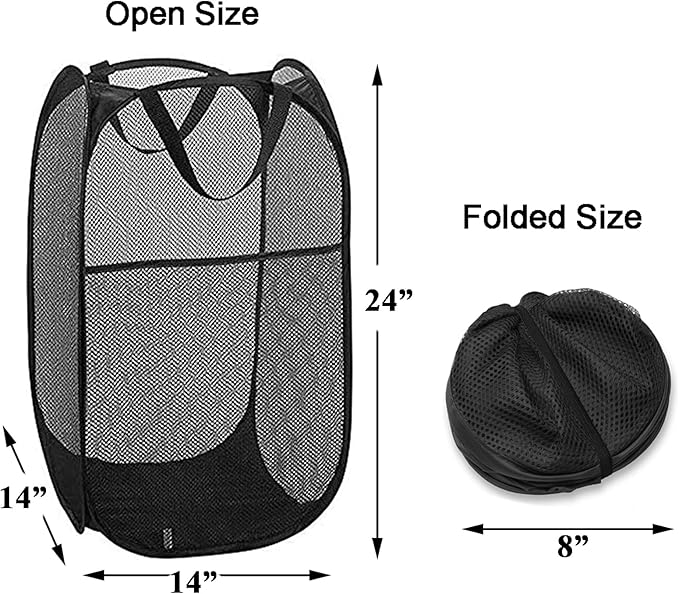 Mesh Pop up Laundry Hamper with Portable Durable Handles, Black Laundry Basket for Storage, Folding Collapsible Pop-Up Clothes Hampers for Home, College Dorm or Travel, Cruise, Black