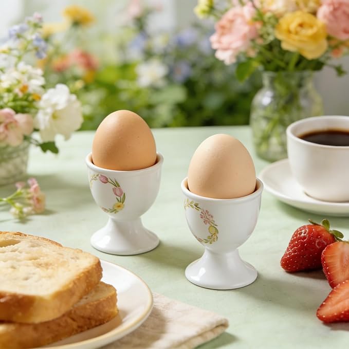 Cinf Ceramic Egg Cup Set of 2 Porcelain Holder Breakfast Boiled Cooking Easy to Clean Childhood Memories Kitchen(Floral)