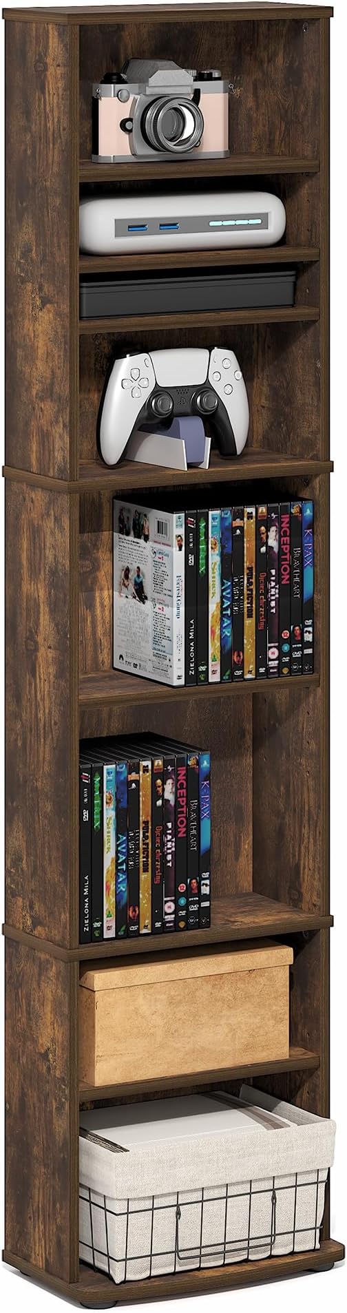 Furinno Jaya DVD Shelf, 8-Tier Tall Narrow CD Rack, Media Shelf with Adjustable Shelves, DVD Storage Cabinets for CD Blueray Game Disc, Easy Assembly, for Living Room, Home Office, Amber Pine