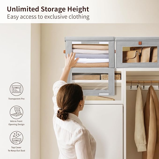 Homsorout Large Storage Bins with Lids - Fabric Collapsible Closet Storage Organizer with Window & Handles, Stackable Decorative Storage Boxes for Clothes, Blankets, Sweaters, 4 Pack, Grey