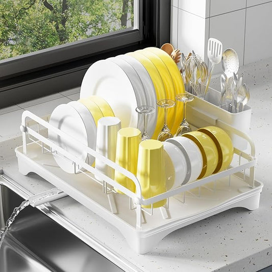 LIYI Dish Drying Rack for Kitchen Counter - Kitchen Dish Rack with Drainboard, Small Dish Drainer with Utensil Holder for Sink, 16.5" D x 11.6" W x 6.6" H, White