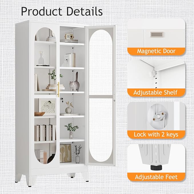 PAOFIN 75" H Locking Display Cabinet with Glass Door, Metal Cabinets with 5 Adjustable Shelves, Cabinet Display Case for Living Room, Collectibles, Clinic, Home - Assembly Required White