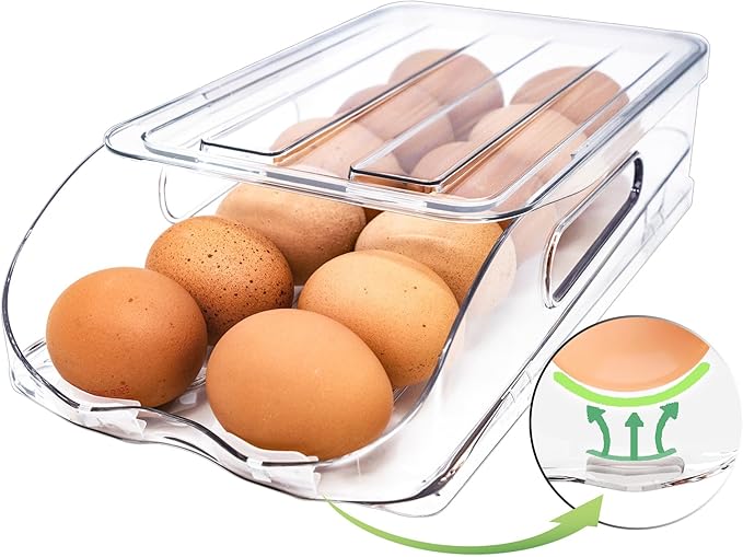 SMRCAD Egg Holder for Fridge, Automatic Steady Rolling Egg Container with Soft Bumpers & Handle for Refrigerator, Stackable Fridge Organizers and Storage with Lid