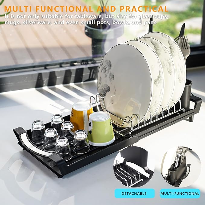 Over The Sink Dish Drying Rack, Adjustable Expandable Kitchen Sink Organizer (11.42-19.9 Inch), Heavy Duty Metal Dish Drainer with Utensil Holder, Space Saving, Black