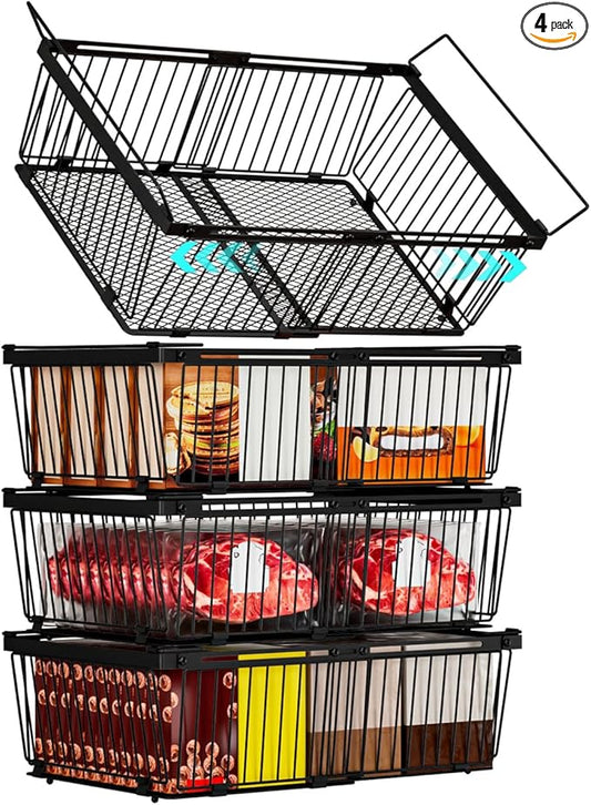 Large Freezer Organizer Bins，Upgraded Bottom Leak-Proof net，Fit 10 to 20 Cu.Ft Deep Freezer，4Pack， Expandable Stackable Chest Freezer Organizer Bins , for Fridge, Deep Freezer, Cabinet