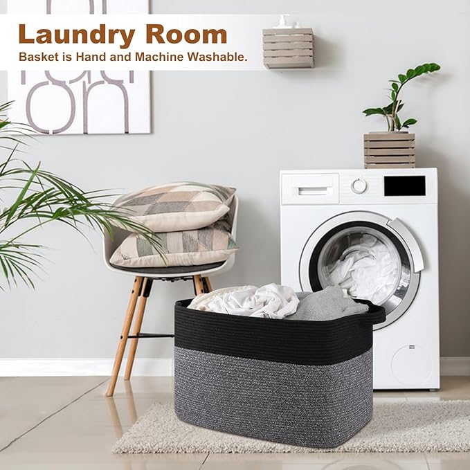 OIASKET XXXL Supre Large Blanket Basket for Clothes, Towels, Pillows, 108L Cotton Rope Storage Basket for Living Room, Supre Large Woven Toy Storage for Kids, 25" x 16" x 16", Black